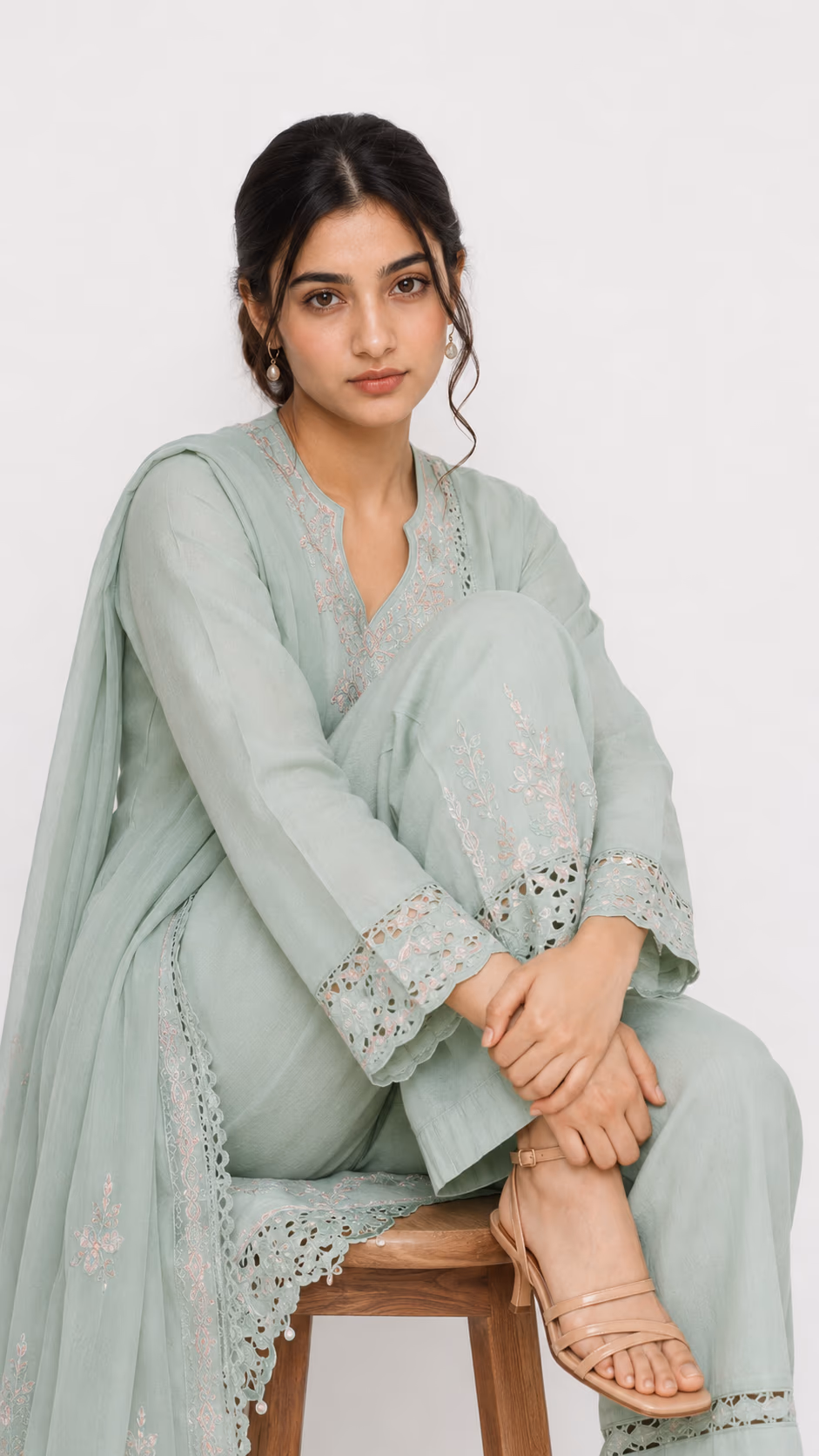 AI fashion model wearing a black embroidered garment