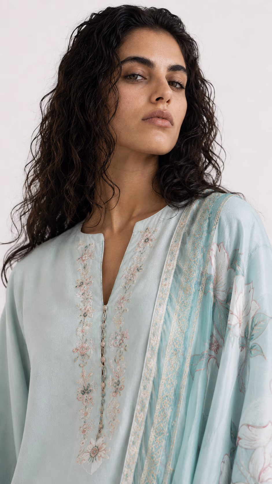AI fashion model in an editorial studio portrait