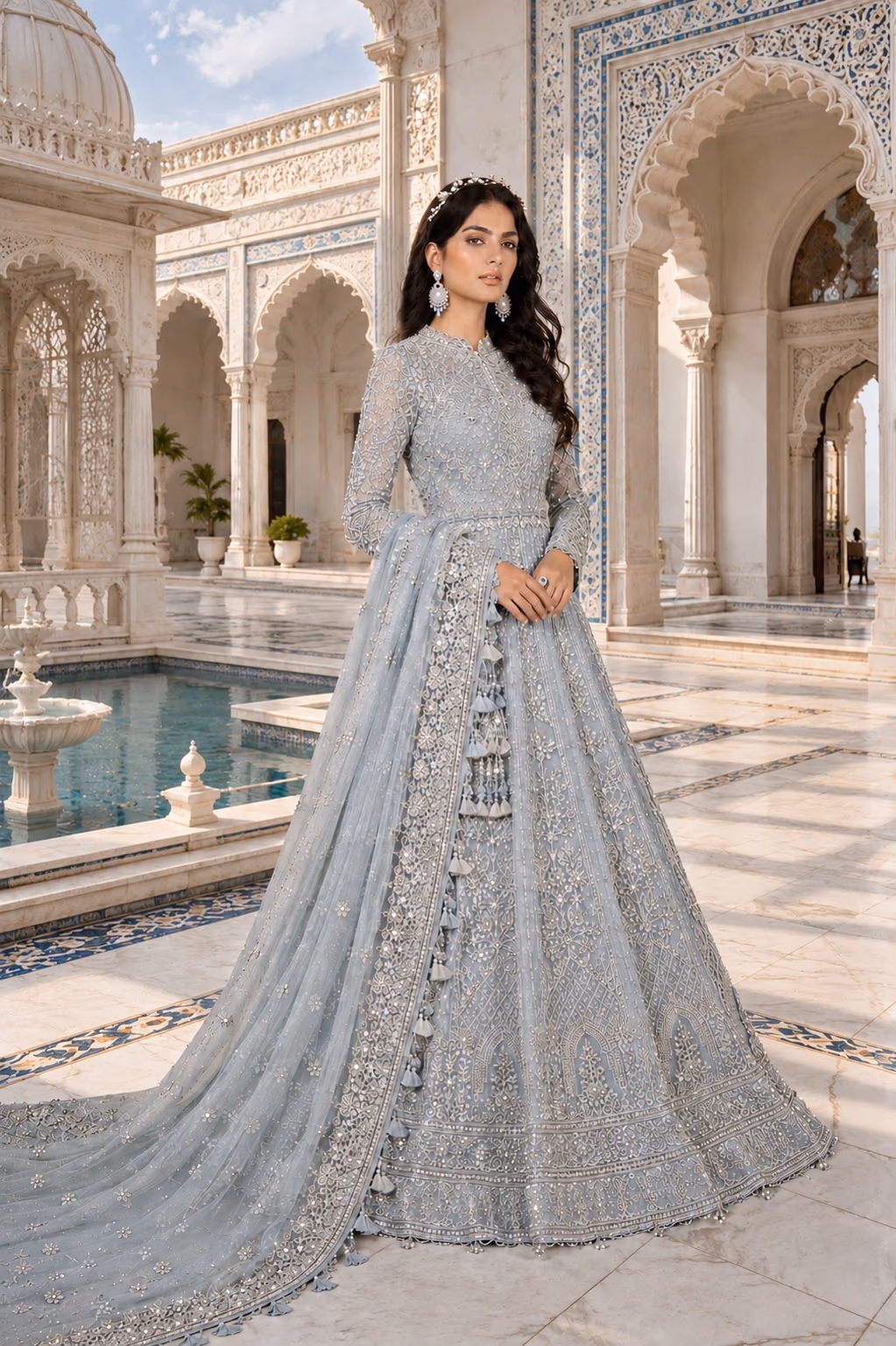 The same fashion look in a courtyard setting