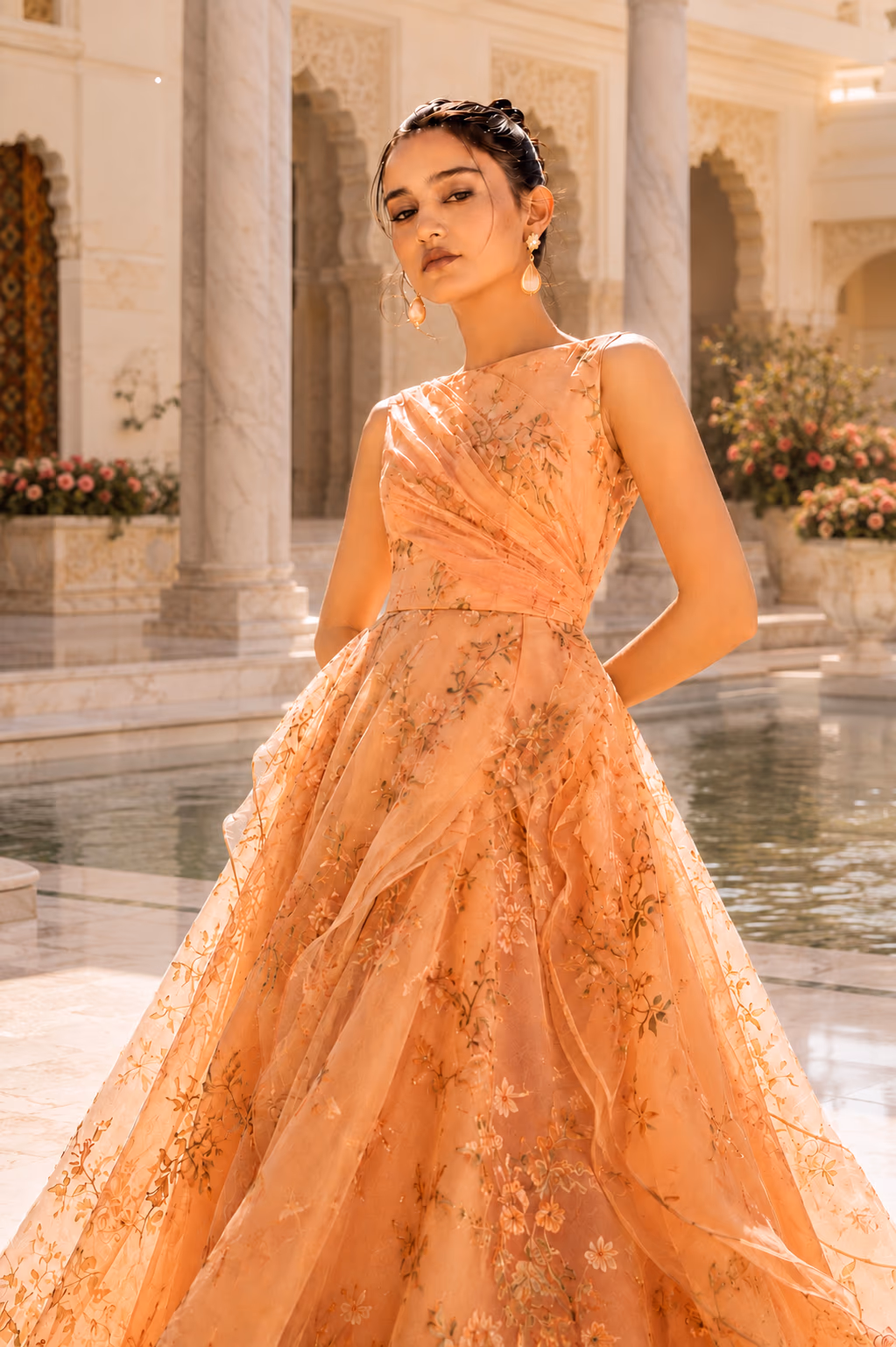 The same fashion look in an ornate courtyard setting