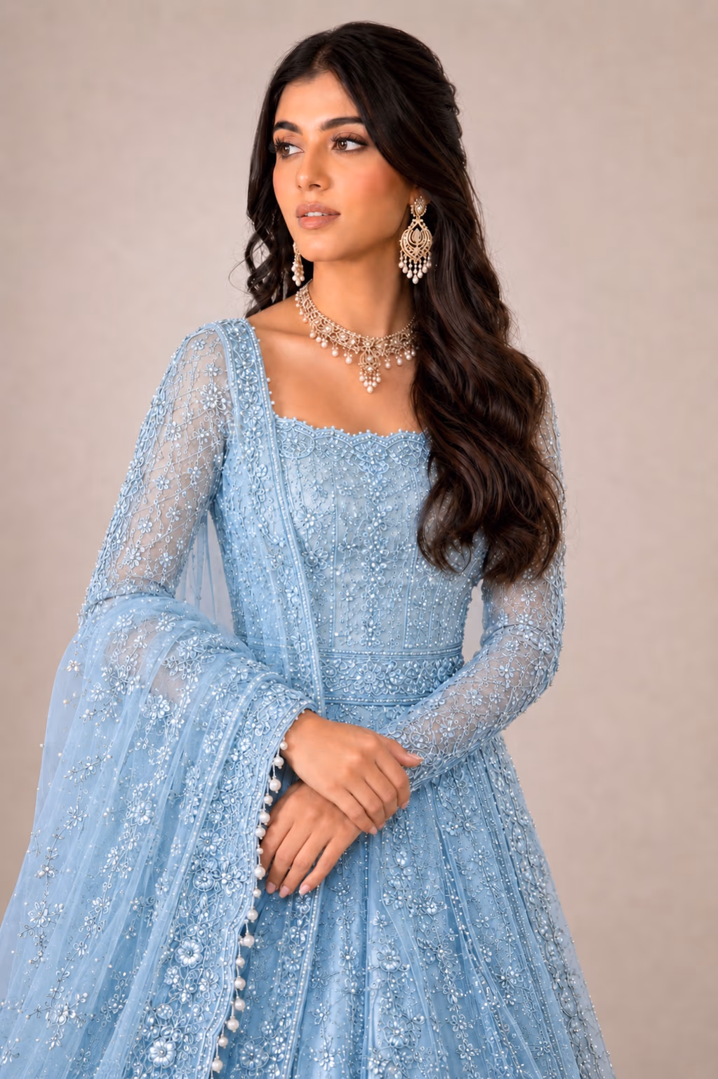 The same embroidered dress recolored powder blue