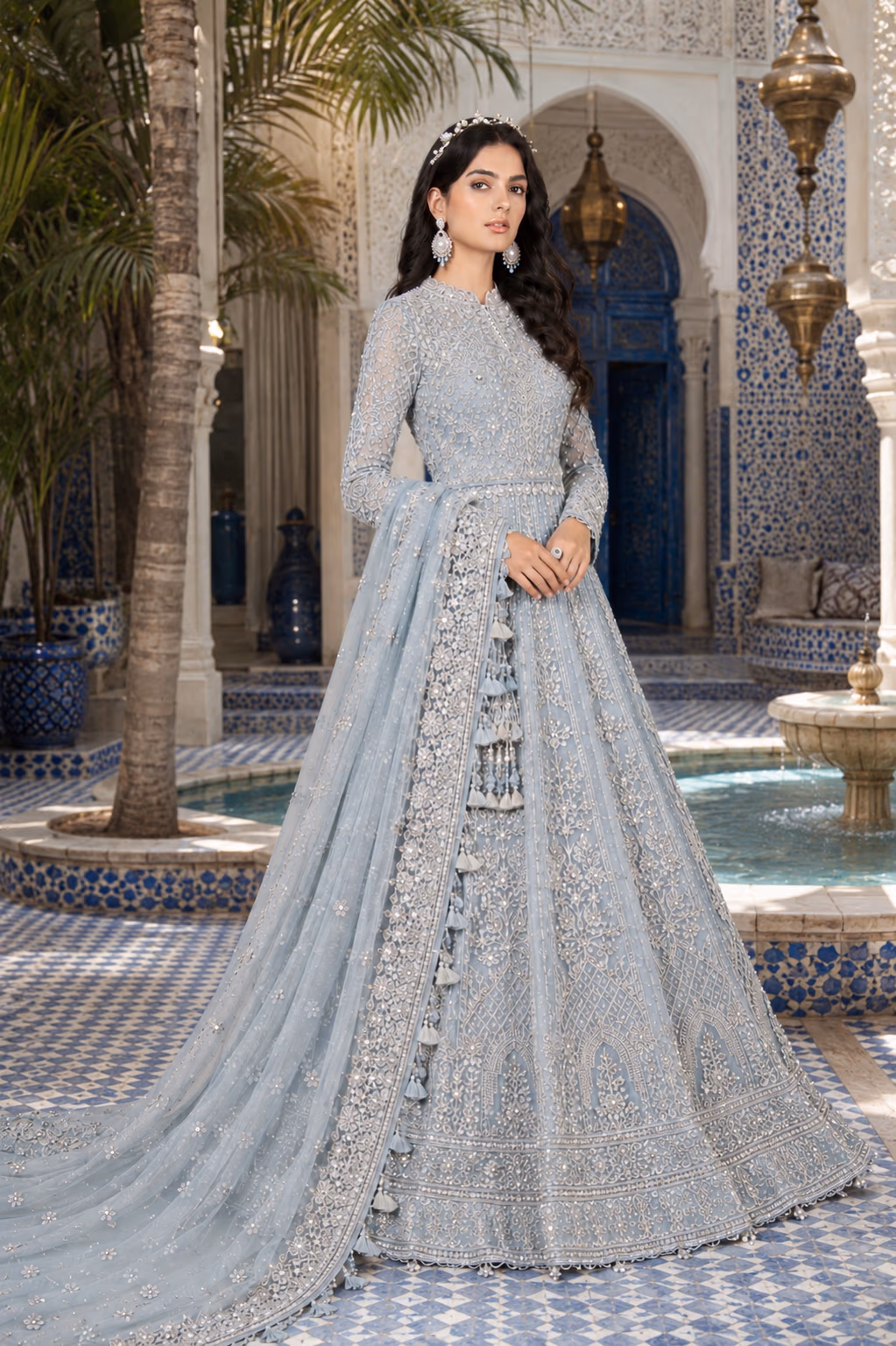 Fashion model in a poised standing pose in an ornate courtyard