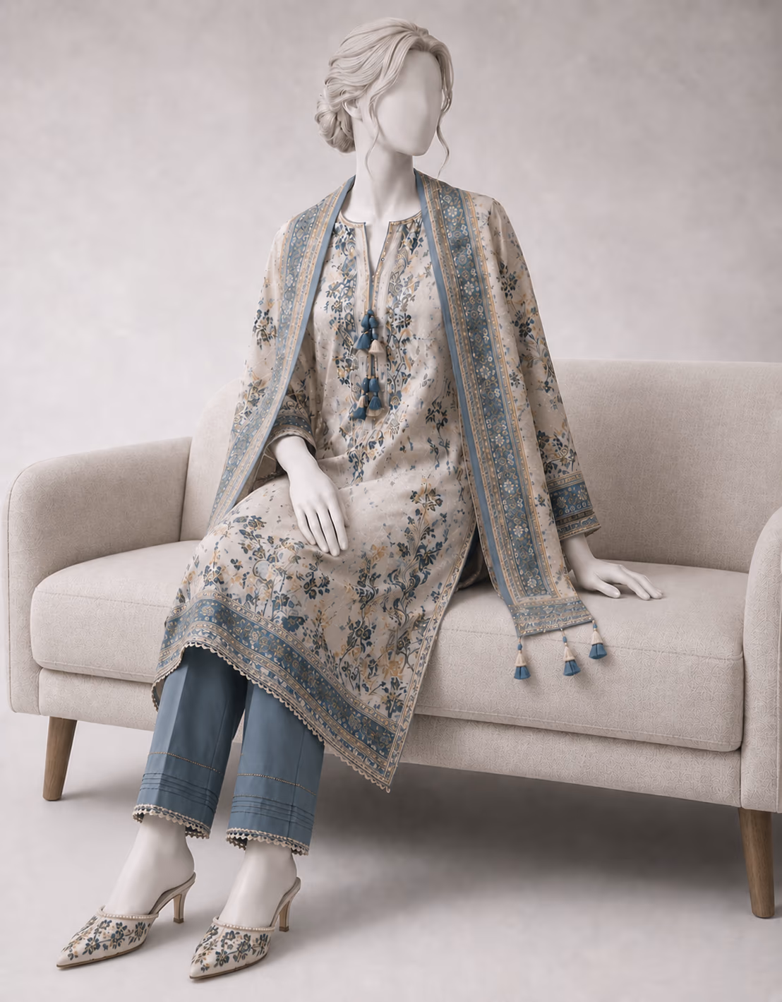 Original mannequin reference wearing an embroidered outfit
